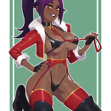 bleach, christmas, shihouin yoruichi, kajinman, 1girls, bikini, boots, breasts, brown skin, christmas bikini, collar, collared, dark skin, dark-skinned female, female