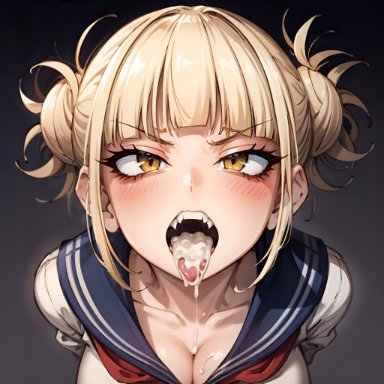 my hero academia, himiko toga, arbitrary, 1girls, after fellatio, after oral, angry, angry face, blonde hair, cleavage, cum, cum dripping from mouth, cum in mouth, cum on breasts, fangs