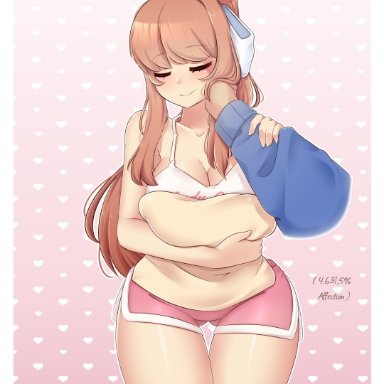 doki doki literature club, raionart, bare legs, bare thighs, big breasts, brown hair, caress, caressing face, closed eyes, hair ribbon, hourglass figure, long hair, pillow, shorts, slim waist