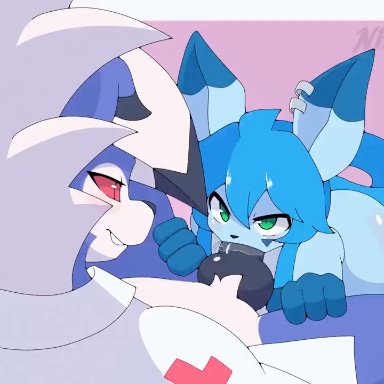 nintendo, pokemon, eeveelution, glaceon, lycanroc, midnight lycanroc, pok&#233;mon (species), pokemon (species), nightmareroa, 2boys, 3 fingers, animal genitalia, animal penis, anthro, balls