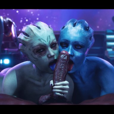 bioware, mass effect, asari, edi, jack (mass effect), liara t'soni, shiala, tomoganim, 1boy, 2girls, alien, alien girl, big penis, blue body, blue skin