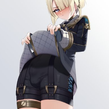 genshin impact, freminet (genshin impact), 1boy, blonde hair, blush, bulge, embarrassed, femboy, hair over one eye, hat, male, male only, otoko no ko, shorts, skirt lift