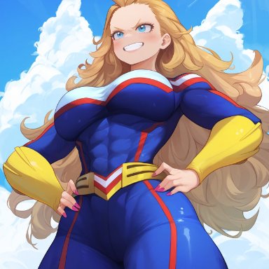 my hero academia, all might, toshinori yagi, krystalizedart, 1girls, abs, bimbo, blonde hair, blue eyes, blush, clenched teeth, clouds, curvy, determined, female