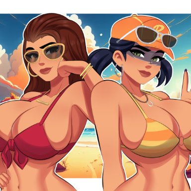 fortnite, fastball, ruby (fortnite), deckman, mrdeck, 2girls, beach, breasts, cleavage, detailed background, female, female only, hat, large breasts, looking at viewer