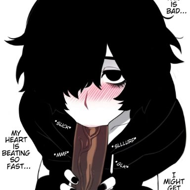 doomer boy, mahiroka, :&gt;=, 2boys, ahoge, ass, black hair, black hoodie, black nails, black thighhighs, blush, collarbone, dark-skinned male, eyeshadow, faceless male