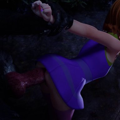 scooby-doo, daphne blake, bordeaux black, kinkivas, 1boy, 1girls, arms behind back, blue dress, canine penis, clothed, cum, cum in pussy, cum on penis, female, flashlight