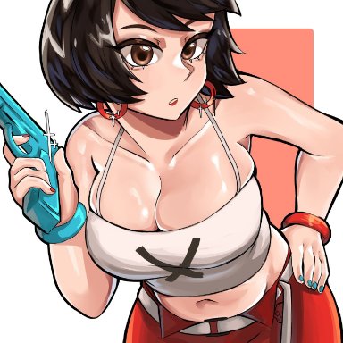 fortnite, fortnite: battle royale, evie (fortnite), providenceum, 1girls, abstract background, black hair, boob window, bracelet, breast bulge, breasts, brown eyes, clothed, clothed female, clothing