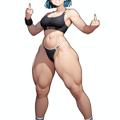 calvin klein, dragon ball, dragon ball super, dragon ball z, bulma briefs, novelai, blue hair, cameltoe, grin, middle finger, muscular thighs, sneakers, socks, sports bra, thick thighs