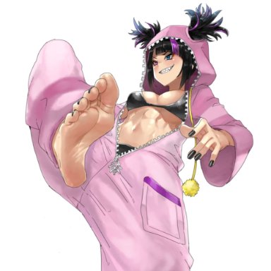 street fighter, street fighter 6, juri han, eiji (eiji), barefoot, black bra, black nails, black panties, bra, feet, female, foot focus, heterochromia, hood, hoodie