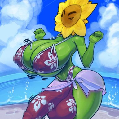 mario (series), super mario sunshine, sunflower kid, snao, = =, 1futa, balls, beach, bikini, breasts, bulge, closed eyes, clothed, clothing, erection