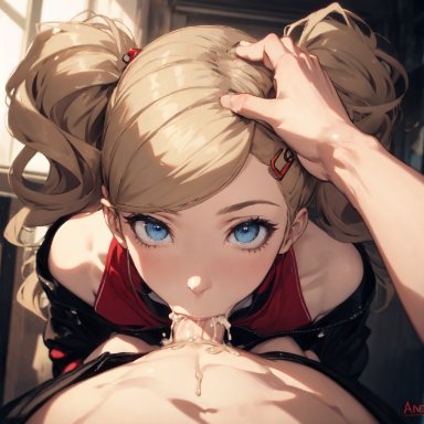 persona, persona 5, ann takamaki, blonde hair, blowjob, blue eyes, clothing, cum, deepthroat, eye contact, oral sex, ai generated, tagme