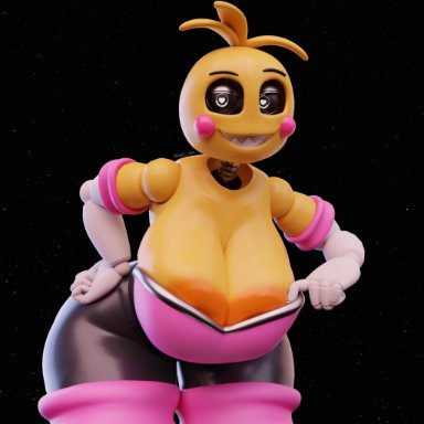 five nights at freddy's, five nights at freddy's 2, sonic (series), rouge the bat, rouge the bat (cosplay), toy chica (fnaf), yellow skin, adri164, 1girls, animatronic, big breasts, blush, blush stickers, breasts, cleavage