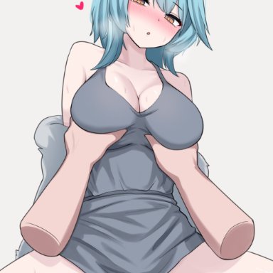 genshin impact, eula (genshin impact), ringda, 1boy, bare shoulders, black hairband, blue hair, blush, breasts, breath, coat, cowgirl position, disembodied limb, dress, female