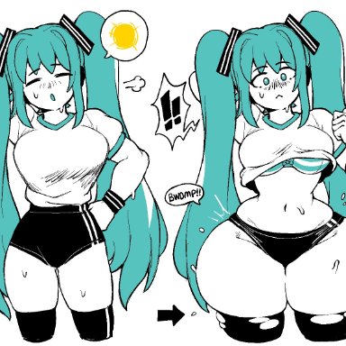 vocaloid, hatsune miku, dizzyspells, 1girls, belly, belly button, big breasts, busty, child bearing hips, clothed, expansion, female, female only, hips, large breasts