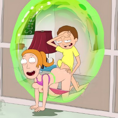 rick and morty, morty smith, summer smith, blargsnarf, ambiguous penetration, biting lip, bouncing breasts, breasts, brother and sister, doggy style, floppy breasts, ginger, ginger hair, incest, jiggling breasts