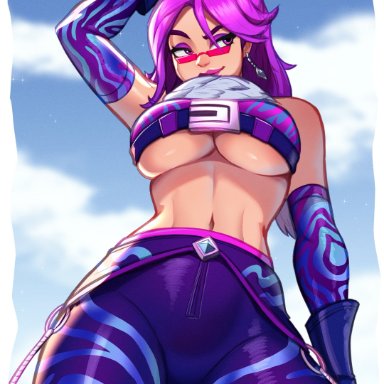 fortnite, reverie (fortnite), magaska19, huge breasts, looking over eyewear, looking over glasses, looking over sunglasses, pink-tinted eyewear, sunglasses, tinted eyewear, hi res