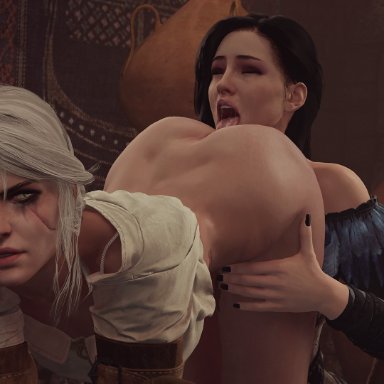 cd projekt red, the witcher (series), the witcher 3: wild hunt, ciri, geralt of rivia, yennefer, athazel, 1boy, 2girls, anilingus, ass eating, female, female only, licking anus, licking ass