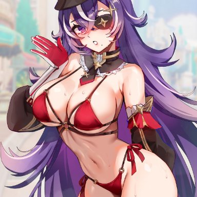 genshin impact, chevreuse (genshin impact), foxyreine, 1girls, alternate breast size, bikini, breasts, eyepatch, female, foxyrain, hat, huge breasts, light skin, light-skinned female, long hair