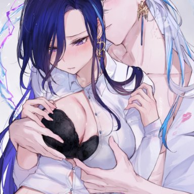 genshin impact, clorinde (genshin impact), neuvillette (genshin impact), qiandaiyiyu, 1boy, 1boy1girl, 1girl1boy, 1girls, black bra, black underwear, blue hair, blush, blush lines, earrings, embarrassed