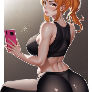 one piece, shounen jump, nami, nami (one piece), ho70994095, 1girls, ass, back, back view, big ass, big breasts, big butt, blush, clothed, clothing