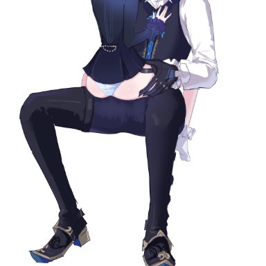 genshin impact, furina (genshin impact), neuvillette (genshin impact), 1boy, 1girls, bigger male, female, gloves, hand on thigh, male, male/female, on lap, panties, sitting on lap, size difference