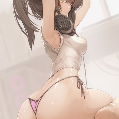 genek, ass, barefoot, bob cut, brown eyes, brown hair, feet, kneeling, panties, petite, petite body, petite female, shirt, sideboob, spread legs