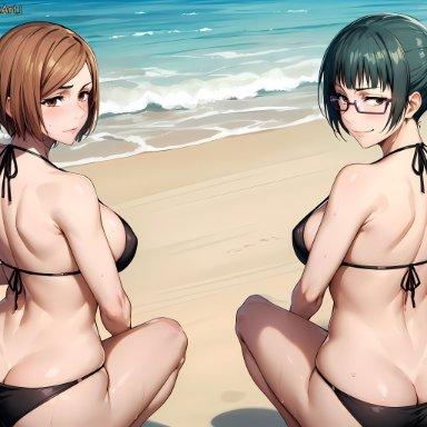 jujutsu kaisen, kugisaki nobara, zenin maki, temptart, 2girls, ass, ass focus, back muscles, bare shoulders, beach, big ass, bikini, bikini bottom, bikini top, breasts