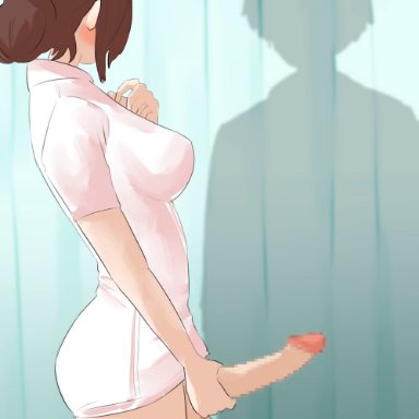 a-dam, &#20124;dam, 1futa, balls, behind curtain, blush, bottomless, breasts, brown hair, clothed, clothing, cum, erection, futa focus, futanari