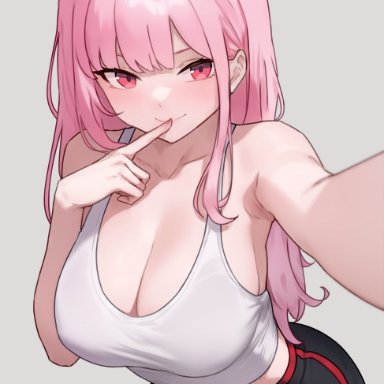 hololive, hololive english, hololive myth, mori calliope, bluefield, 1girls, booty shorts, breasts, cleavage, female, huge breasts, light skin, light-skinned female, long hair, pink eyes