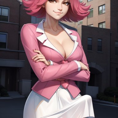 ace attorney, gyakuten saiban, april may, flordulce, arms crossed, balls, brown eyes, building, bulge, bulge through clothing, cleavage, covered penis, erect penis, erection, erection under clothes