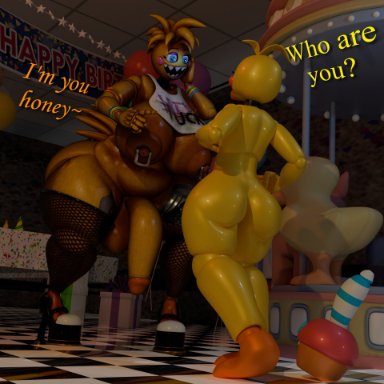 five nights at freddy's, five nights at freddy's 2, scott cawthon, scottgames, cupcake (fnaf), toy chica (fnaf), anonymousfm, animatronic, anthro, areola, ass, avian, balls, beak, big breasts