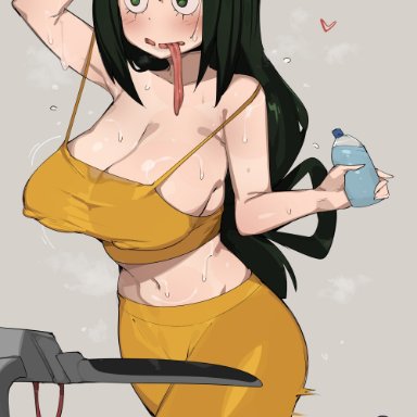 my hero academia, minoru mineta, tsuyu asui, bobtheneet, 1boy, 1girls, big breasts, blush, bodily fluids, cleavage, erection, female, green eyes, green hair, headband