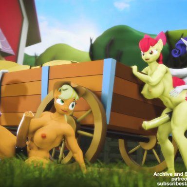 friendship is magic, hasbro, my little pony, source filmmaker, apple bloom (mlp), applejack (mlp), rarity (mlp), sweetie belle (mlp), screwingwithsfm, 4futas, aged up, animal genitalia, animal penis, anthro, anthro on anthro