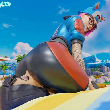 fortnite, headhunter (fortnite), lynx (fortnite), syk33s, sykees3d, ass, beach, facesitting, female only, female/female, fingerless gloves, glasses, hand on thigh, latex, light skin