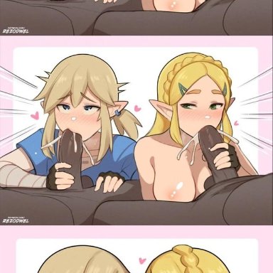 tears of the kingdom, the legend of zelda, link, princess zelda, zelda (breath of the wild), rezodwel, 1girls, 2boys, big breasts, bisexual, black penis, blonde hair, blue eyes, both sexes in same situation, cum