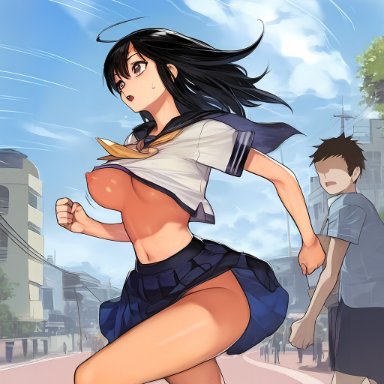 act-age, yonagi kei, somethingweird, bouncing breasts, medium breasts, nipple slip, nipples, no bra, no panties, outdoors, running, school uniform, street, upskirt, wardrobe malfunction