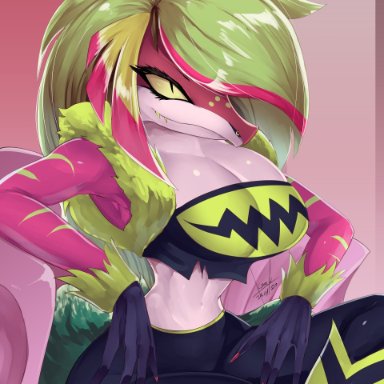 hazbin hotel, missi zilla, 1girls, dinosaur, dinosaur girl, green hair, huge breasts, multicolored hair, nose piercing, yellow sclera, tagme