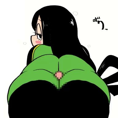 my hero academia, tsuyu asui, shinsutebachi, 1boy, 1girls, ass, ass jiggle, back, back view, bedroom eyes, big ass, black eyes, black hair, blush, blush stickers