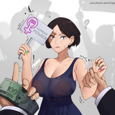 puririn (puririiin), black hair, clothed, clothed female, confused, feminist, grabbing, grabbing arm, money, offering, offering money, prostitution, protest, protesting, question mark