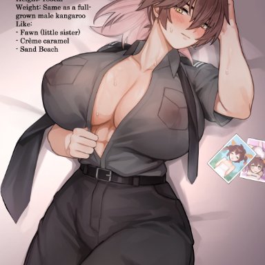 original, original character, scarlet (norza), norza, 1futa, blush, breasts, brown hair, clothed, futanari, hips, huge breasts, light skin, light-skinned futanari, lying on back