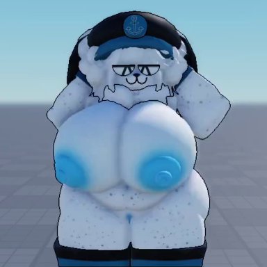 roblox, 1girls, anthro, blue clothing, blue nipples, catnessisdrunk, colored nipples, eye closed, eye-level view, female, female only, furry, hands behind head, shaking breasts, solo