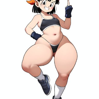 calvin klein, dragon ball, dragon ball gt, dragon ball z, pan (dragon ball), aged up, bandana, black clothing, black hair, cameltoe, gloves, grin, huge thighs, middle finger, sports bra