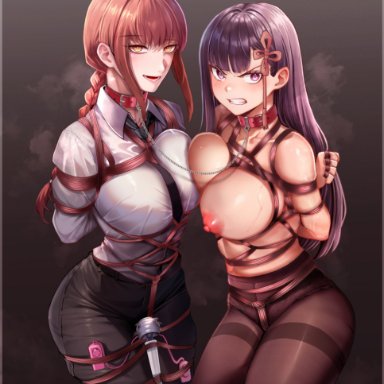 chainsaw man, mato seihei no slave, makima (chainsaw man), yamashiro ren, code:074, 2girls, arms behind back, asymmetrical docking, black necktie, black pants, bondage, bound, bound arms, bound legs, bound wrists