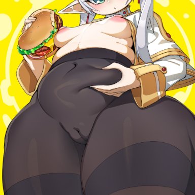 sousou no frieren, frieren, krokobyaka, belly grab, blue eyes, bra, breasts, burger, chubby, chubby belly, chubby female, earrings, elf, elf ears, elf female