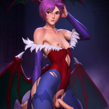 darkstalkers, lilith aensland, tarakanovich, 1futa, areolae, balls, bare shoulders, bat print, bat wings, breasts, cleavage, clothed, clothing, crotchless, erect nipples