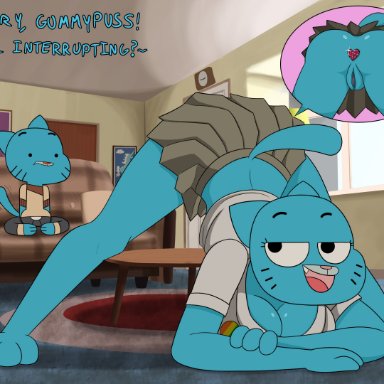 cartoon network, the amazing world of gumball, gumball watterson, nicole watterson, noxshade, blue fur, buttplug, cleavage, incest, mother and son, no panties, skirt, dialogue, jack-o pose, tagme
