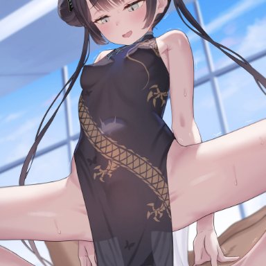 blue archive, genryumon (blue archive), kisaki (blue archive), sinad aruatjanapat, 1boy, bare shoulders, black dress, black hair, braid, braided bun, breasts, butterfly hair ornament, china dress, chinese clothes, covered nipples