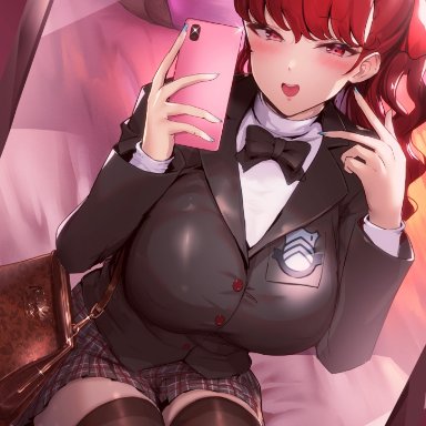 persona, persona 5, kasumi yoshizawa, sumire yoshizawa, bikkii, 1boy, 1girls, big breasts, breasts, dark-skinned male, fat man, fully clothed, holding phone, imminent sex, legwear