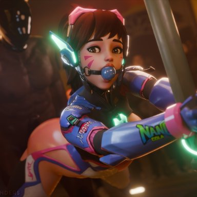 overwatch, overwatch 2, d.va, hana song, gs3d, audience, ball gag, black male, bondage, bound arms, bound wrists, brown eyes, brown hair, brunette hair, crowd