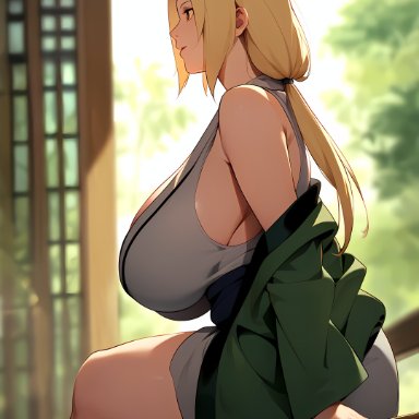 naruto, naruto (series), naruto shippuden, tsunade, ai due, 1girls, arm support, background, bare legs, bare shoulders, bare thighs, big breasts, blonde, blonde female, blonde hair